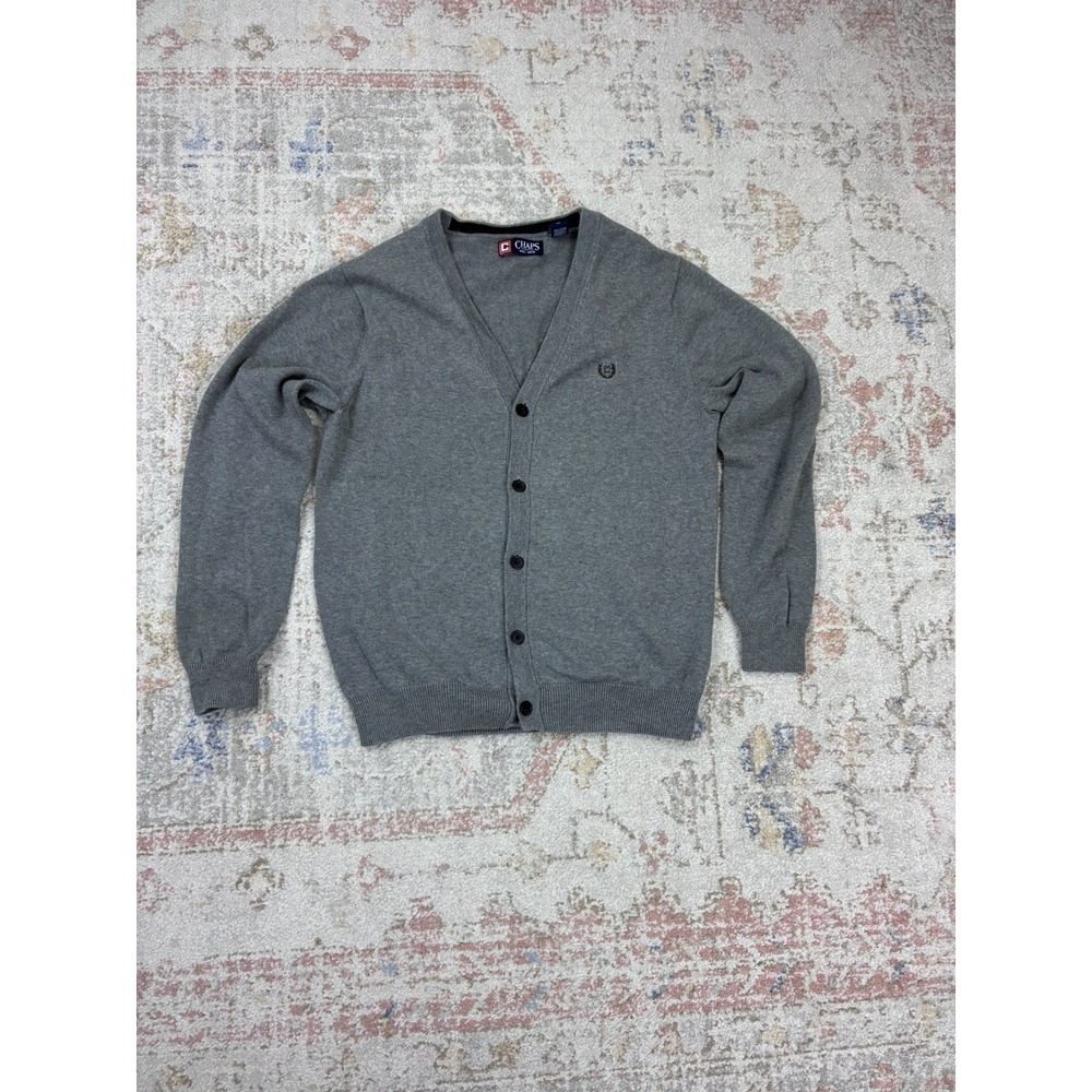 Chaps Mens Gray 100% Cotton Button V-Neck Cardigan Sweater M Grandpacore Preppy